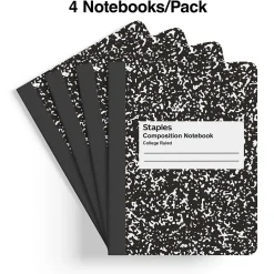 Notebooks|Staples 1-Subject Composition Notebooks, 7.5" x 9.75", College Ruled, 100 Sheets, , 4/Pack (ST58371C) Black