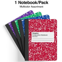 Composition Notebooks|Staples 1-Subject Composition Notebooks, 7.5" x 9.75", Wide Ruled, 100 Sheets (ST55077C) Assorted Colors