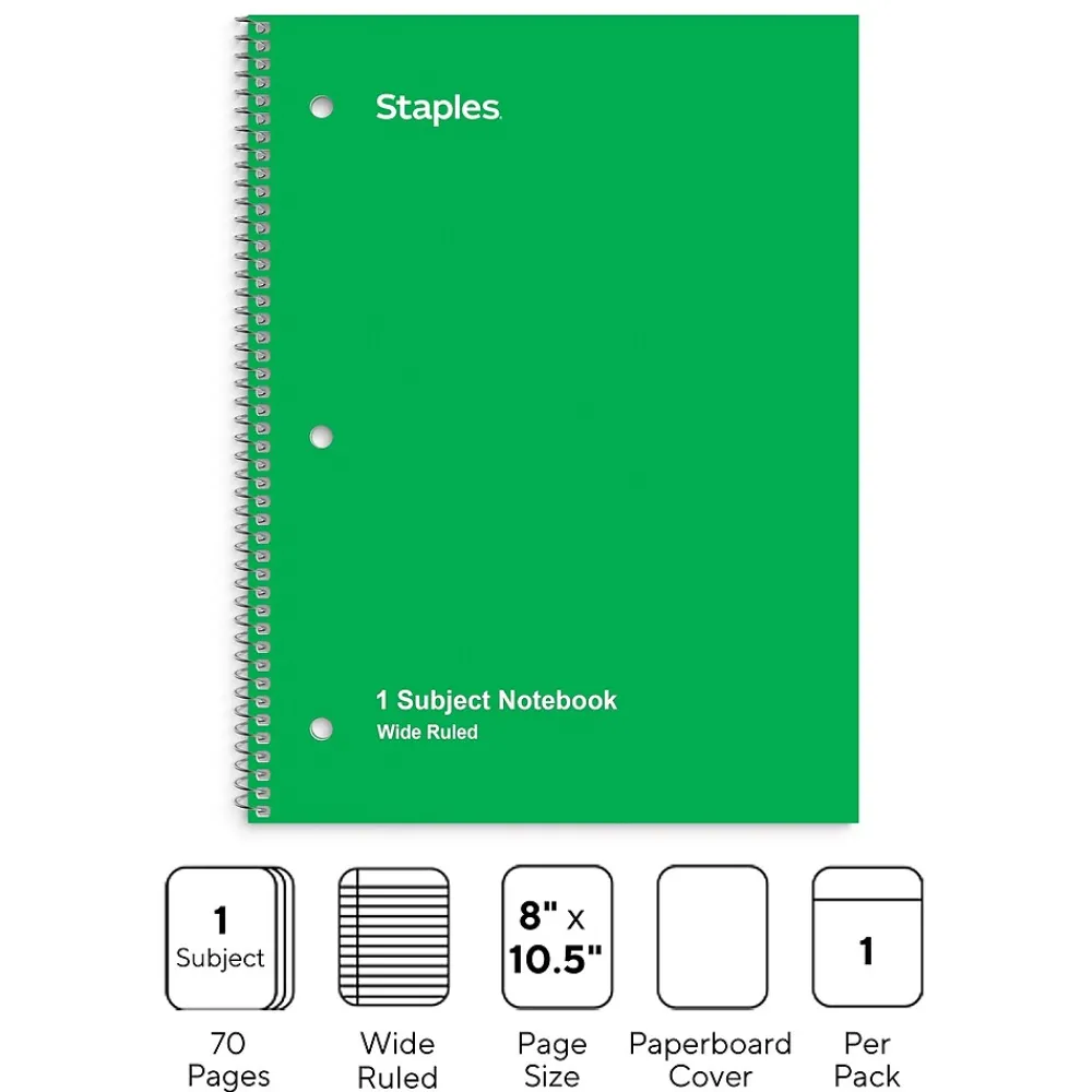 Subject Notebooks|Staples 1-Subject Notebook, 8" x 10.5", Wide Ruled, 70 Sheets, (TR24006) Green