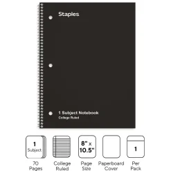 Subject Notebooks|Staples 1-Subject Notebook, 8" x 10.5", College Ruled, 70 Sheets, (TR27499) Black
