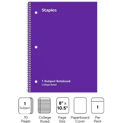 Subject Notebooks|Staples 1-Subject Notebook, 8" x 10.5", College Ruled, 70 Sheets, (TR27501) Purple
