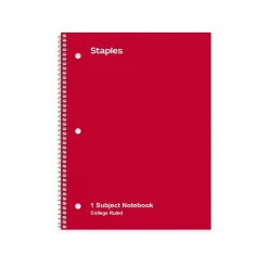 Notebooks|Staples 1-Subject Notebook, 8" x 10.5", College Ruled, 70 Sheets, (TR27503) Red