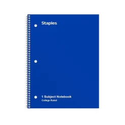 Subject Notebooks|Staples 1-Subject Notebook, 8" x 10.5", College Ruled, 70 Sheets, (TR27500) Blue