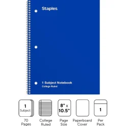 Subject Notebooks|Staples 1-Subject Notebook, 8" x 10.5", College Ruled, 70 Sheets, (TR27500) Blue