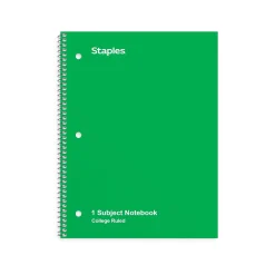 Subject Notebooks|Staples 1-Subject Notebook, 8" x 10.5", College Ruled, 70 Sheets, (TR27502) Green