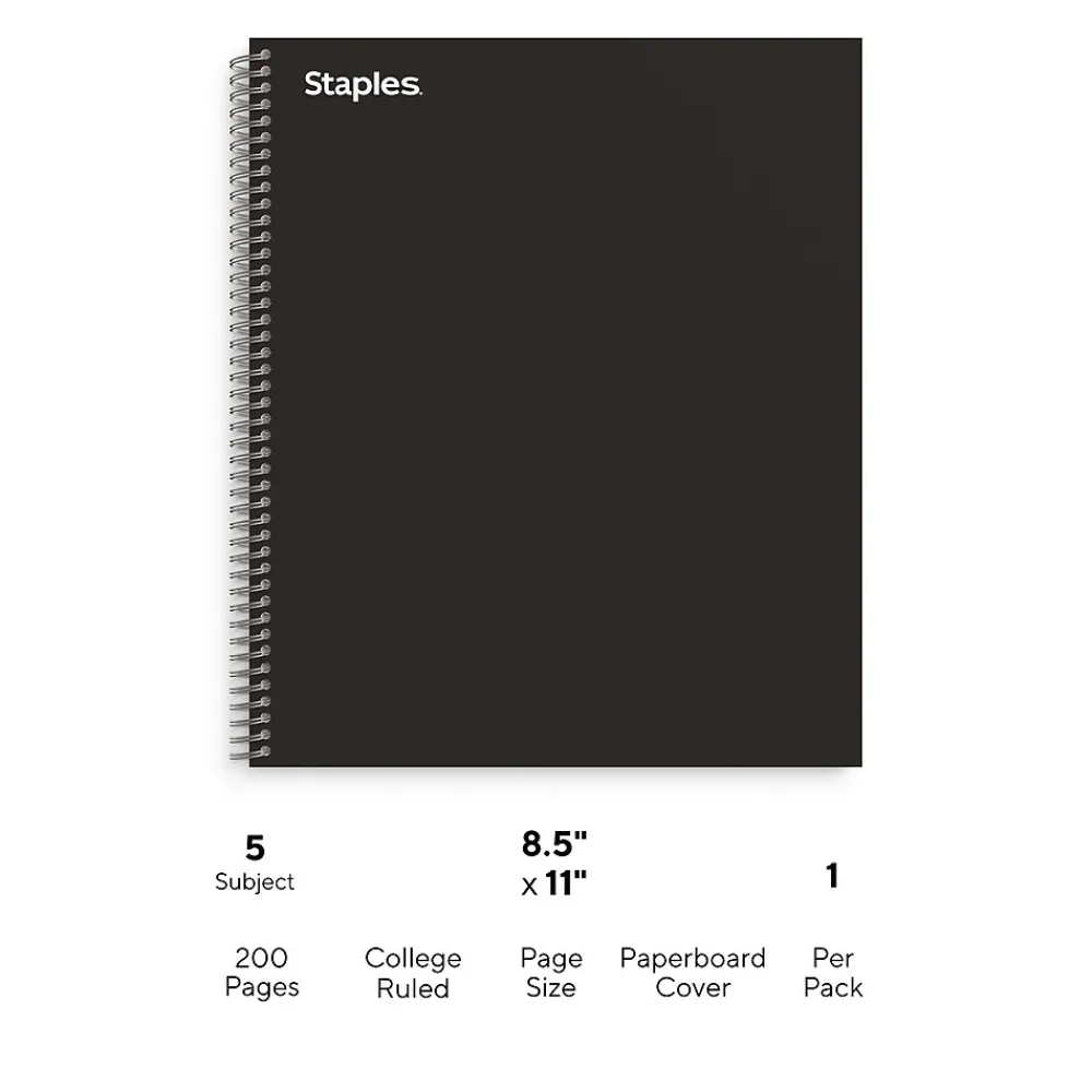 Subject Notebooks|Staples 5-Subject Notebook, 8.5" x 11", College Ruled, 200 Sheets, Black (TR58363)