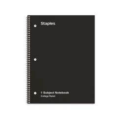 Subject Notebooks|Staples 1-Subject Notebook, 8" x 10.5", College Ruled, 70 Sheets, Black, 6/Pack (TR58374)