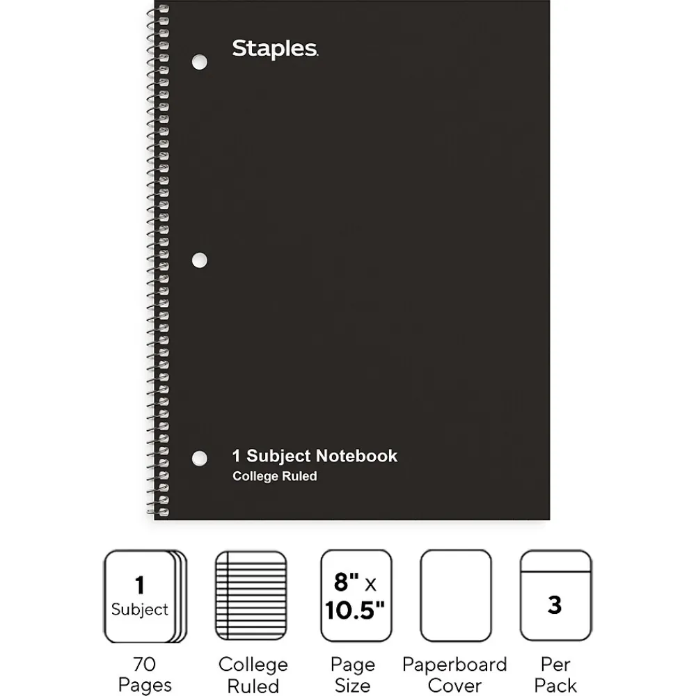 Subject Notebooks|Staples 1-Subject Notebook, 8.5" x 10.5", College Ruled, 70 Sheets, Black, 3/Pack (ST58373)
