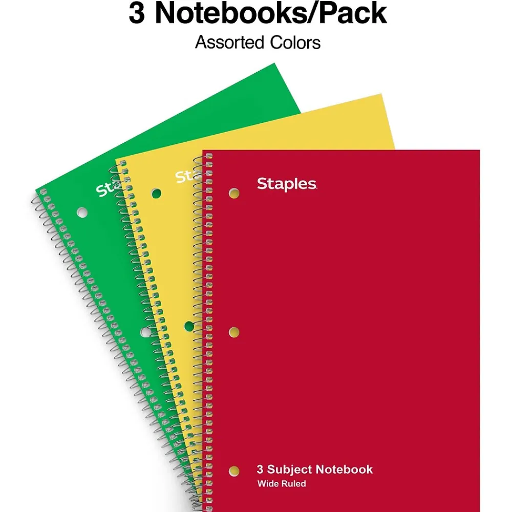 Subject Notebooks|Staples 3-Subject Notebook, 8" x 10.5", Wide Ruled, 120 Sheets, Assorted Colors, 3/Pack (TR11669)