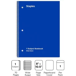 Subject Notebooks|Staples 1-Subject Notebooks, 8" x 10.5", Wide Ruled, 70 Sheets, (ST24003C) Blue