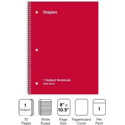 Subject Notebooks|Staples 1-Subject Notebooks, 8" x 10.5", Wide Ruled, 70 Sheets, (ST24007C) Red