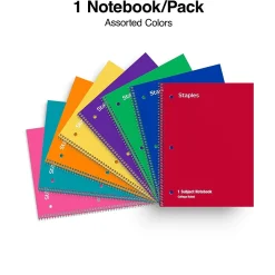 Subject Notebooks|Staples 1-Subject Notebooks, 8" x 10.5", College Ruled, 70 Sheets, Assorted Colors (ST54891C)