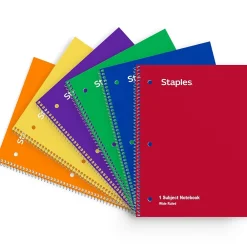 Notebooks|Staples 1-Subject Notebooks, 8" x 10.5", Wide Ruled, 70 Sheets, Assorted Colors, 6/Pack (ST11667C)