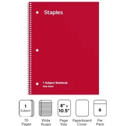 Notebooks|Staples 1-Subject Notebooks, 8" x 10.5", Wide Ruled, 70 Sheets, Assorted Colors, 6/Pack (ST11667C)