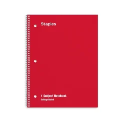 Notebooks|Staples 1-Subject Notebooks, 8" x 10.5", College Ruled, 70 Sheets, Assorted Colors, 48/Pack (10871)