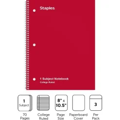 Subject Notebooks|Staples 1-Subject Notebooks, 8" x 10.5", College Ruled, 70 Sheets, Assorted Colors, 3/Pack (ST58375C)