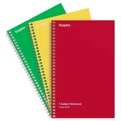 Subject Notebooks|Staples 1-Subject Notebooks, 5" x 7.75", College Ruled, 80 Sheets, Assorted Colors, 3/Pack (ST11670C)
