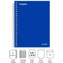 Notebooks|Staples ® 1-Subject Professional Notebooks, 4.5" x 5.5", College Ruled, 200 Sheets, Assorted (12891-CC)