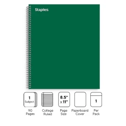 Subject Notebooks|Staples ® 1-Subject Subject Notebooks, 8.5" x 11", College Ruled, 100 Sheets, Green (TR58358M-CC)