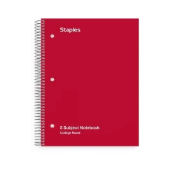 Subject Notebooks|Staples ® 5-Subject Subject Notebooks, 8.5" x 11", College Ruled, 200 Sheets, Assorted (10467M-CC)