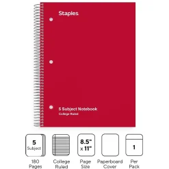 Subject Notebooks|Staples ® 5-Subject Subject Notebooks, 8.5" x 11", College Ruled, 200 Sheets, Assorted (10467M-CC)
