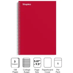 Subject Notebooks|Staples ® 3-Subject Subject Notebooks, College Ruled, 150 Sheets, Assorted (83360)