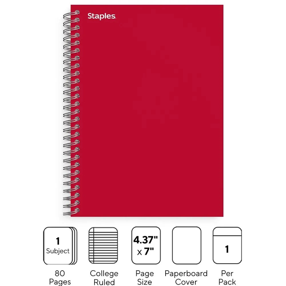 Subject Notebooks|Staples ® 1-Subject Subject Notebooks, 5" x 7", College Ruled, 100 Sheets, Assorted (83357)