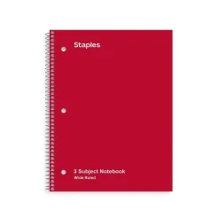 Subject Notebooks|Staples ® 3-Subject Subject Notebooks, 8" x 10.5", Wide Ruled, 150 Sheets, Assorted Colors (14574M)