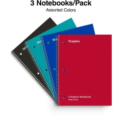 Subject Notebooks|Staples ® 3-Subject Subject Notebooks, 8" x 10.5", Wide Ruled, 150 Sheets, Assorted Colors (14574M)