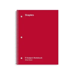 Subject Notebooks|Staples ® 5-Subject Subject Notebooks, 8" x 10.5", Wide Ruled, 200 Sheets, Assorted Colors (52694M)
