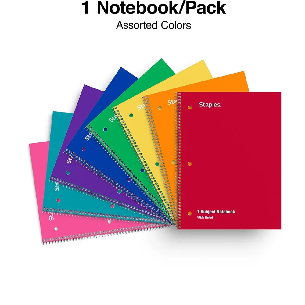 Subject Notebooks|Staples ® 1-Subject Subject Notebooks, 8" x 10.5", Wide Ruled, 75 Sheets, Assorted Colors (54895B/27615)