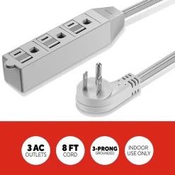 Staples TECH 8' Extension Cord, 3-Outlet, 16 AWG, Gray (ST22131-CC)