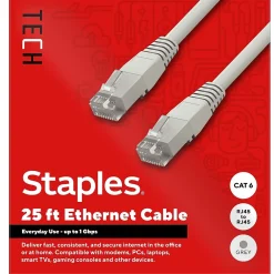 Staples TECH 25 ft. Cat-6 Ethernet Cable, Male to Male, Gray (ST62446)