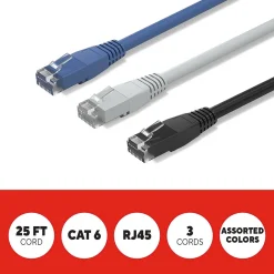 Staples TECH 25 ft. Cat-6 Ethernet Cable, Male to Male, Assorted Colors, 3/Pack (ST62460)