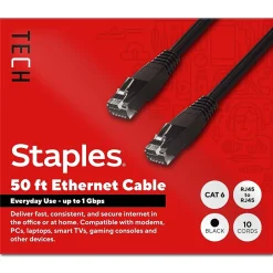 Staples TECH 50 ft. Cat-6 Ethernet Cable, Male to Male, Black, 10/Pack (ST62459)