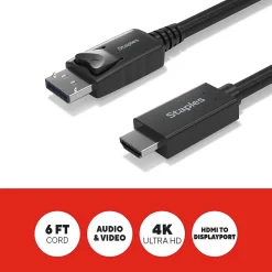 Staples TECH 6 ft. Display Port to HDMI Audio/Video Cable, Male to Male, Black (ST62466)