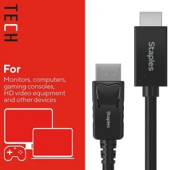 Staples TECH 6 ft. Display Port to HDMI Audio/Video Cable, Male to Male, Black (ST62466)