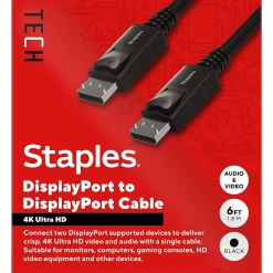 Staples TECH 6 ft. Display Port to Display Port Audio/Video Cable, Male to Male, Black (ST62469)
