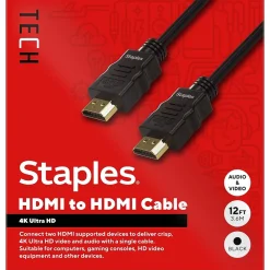 Staples TECH 12 ft. HDMI to HDMI Audio/Video Cable, Male to Male, Black (ST62465)