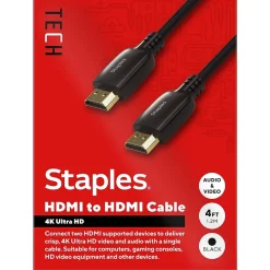 Staples TECH 4 ft. HDMI to HDMI Audio/Video Cable, Male to Male, Black (ST62468)