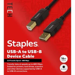 Staples TECH 16 ft. USB-A to USB-B Cable, Male to Male, Black (ST62440)