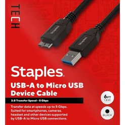 Staples TECH 6 ft. USB-A to Micro USB Type B Cable, Male to Male, Black (ST62441)
