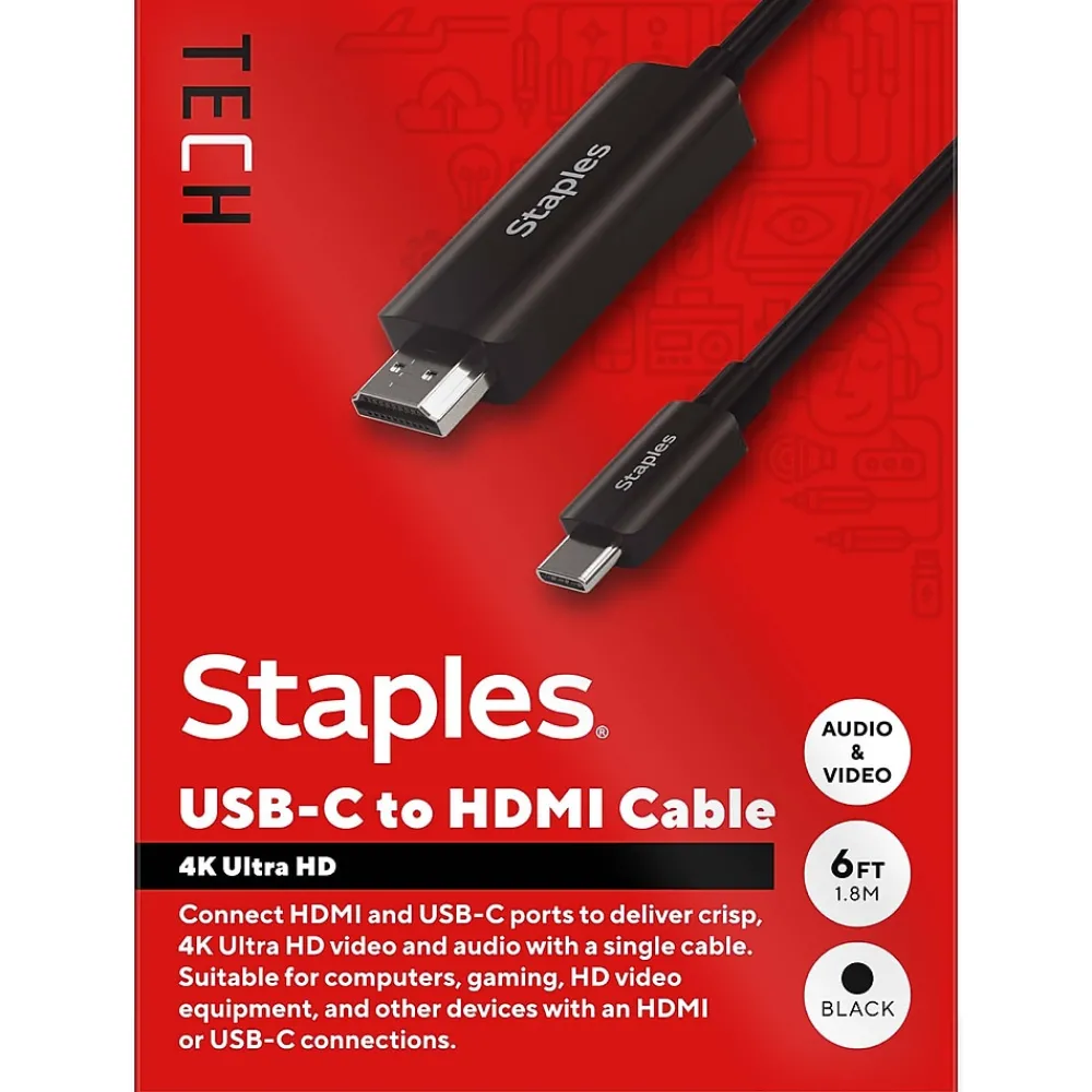 Staples TECH 6 ft. USB-C to HDMI Audio/Video Cable, Male to Male, Black (ST62472)