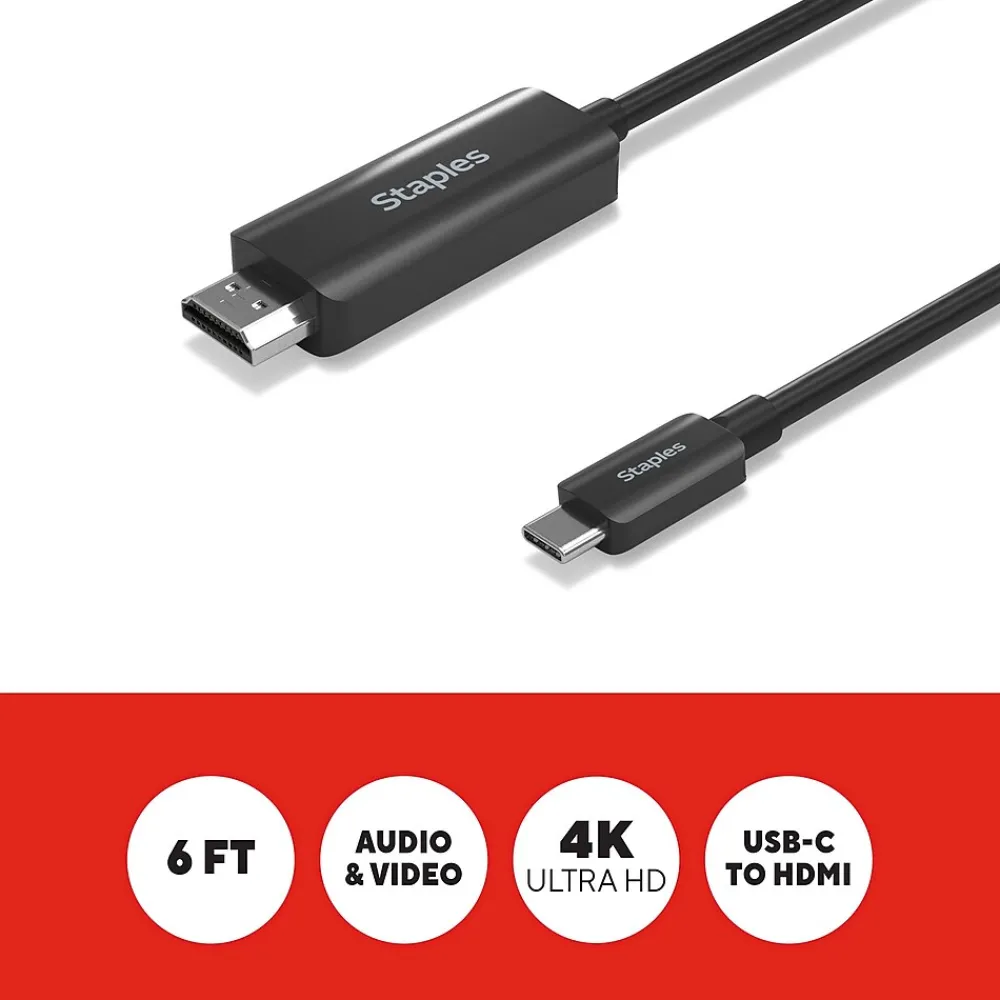 Staples TECH 6 ft. USB-C to HDMI Audio/Video Cable, Male to Male, Black (ST62472)