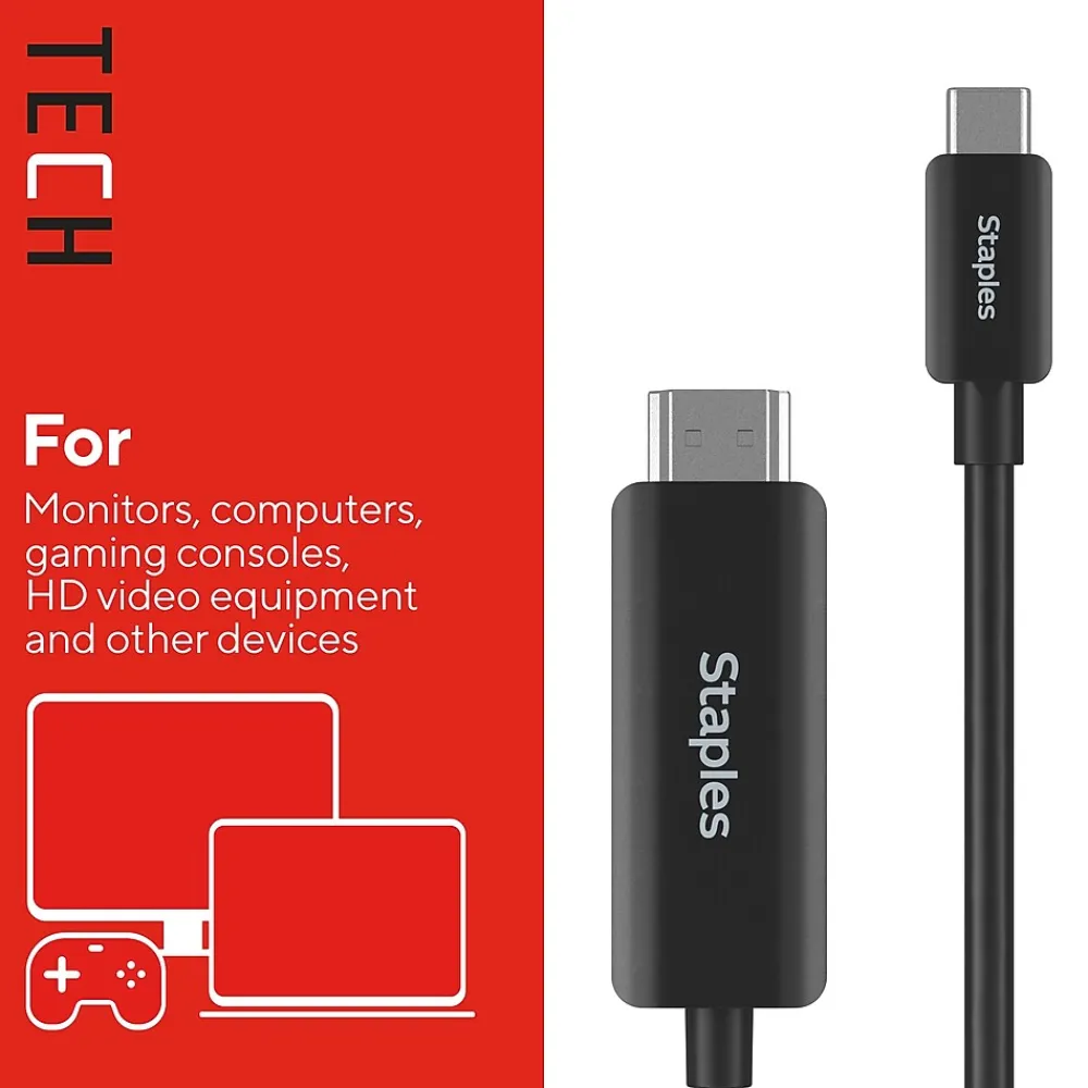 Staples TECH 6 ft. USB-C to HDMI Audio/Video Cable, Male to Male, Black (ST62472)