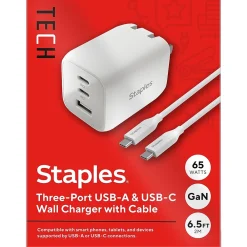 GaN USB-A/USB-C Wall Charger with Cable, 65W, White (ST62326)<Staples TECH