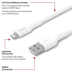 Lightning to USB-A Charging Cable, 3.3 ft., White (ST62329)<Staples TECH Clearance