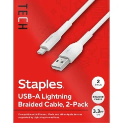 Lightning to USB-A Charging Cable, 3.3 ft., White, 2/Pack (ST62330)<Staples TECH Best