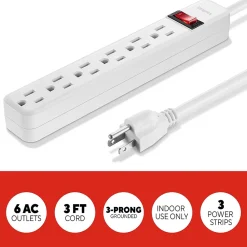 Staples TECH 6-Outlet Power Strip, 3' Cord, White, 3/Pack (42319)