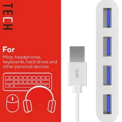 Staples TECH 4-Port USB 3.0 Hub, White (ST62380)